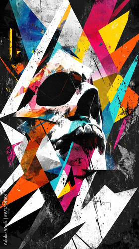 Digital Art of Skull with Sharp Triangles and Dynamic Lines, Bold Black, White, and Neon Colors, Mobile Wallpaper Background