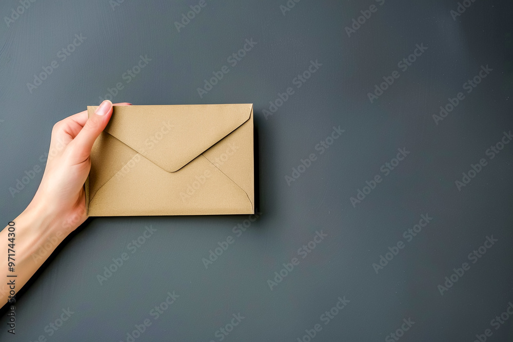 A hand holds a brown envelope against a dark gray background, symbolizing communication, mailing, or an invitation. Copy space on the right A hand holds a brown envelope against a dark gray background, symbolizing communication, mailing, or an invitation. Copy space on the right