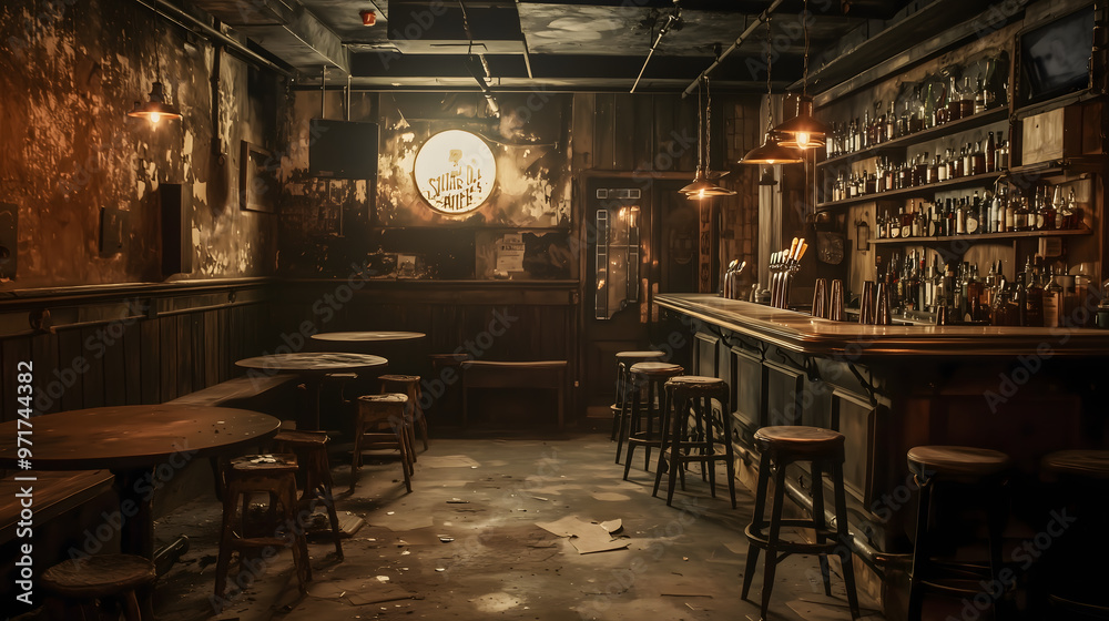 Fototapeta premium Vacant 1920s speakeasy bar with vintage decor – An empty, forgotten speakeasy with dust-covered tables, broken bar stools, old bottles scattered across the bar
