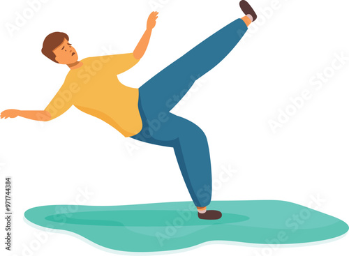 Young man is falling down after slipping on a wet floor, he is trying to keep his balance