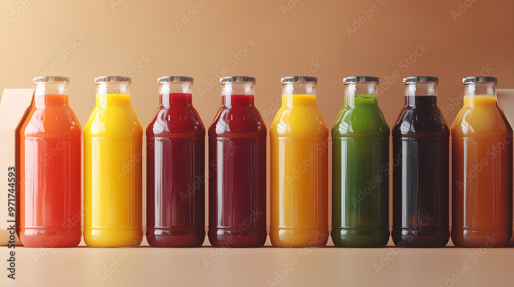 Variety of Colorful Juice Bottles in a Row. An array of colors including red, yellow, green, and orange. Clear design with a metallic cap. Warm background. Healthy drinks, nutrition, and lifestyle Variety of Colorful Juice Bottles in a Row. An array of colors including red, yellow, green, and orange. Clear design with a metallic cap. Warm background. Healthy drinks, nutrition, and lifestyle
