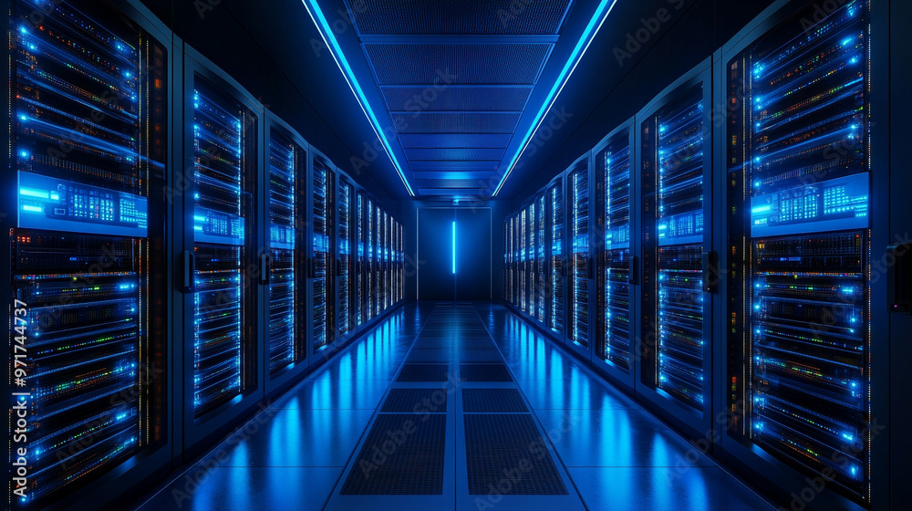 modern server racks in a high-tech data center, symbolizing network security, technology infrastructure, and efficient data management. A secure digital environment for cloud computing modern server racks in a high-tech data center, symbolizing network security, technology infrastructure, and efficient data management. A secure digital environment for cloud computing