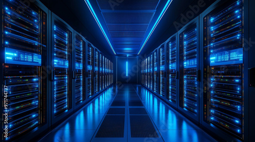 modern server racks in a high-tech data center, symbolizing network security, technology infrastructure, and efficient data management. A secure digital environment for cloud computing