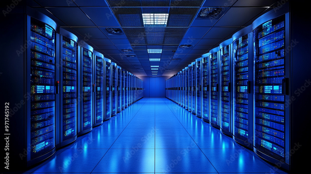 modern server racks in a high-tech data center, symbolizing network security, technology infrastructure, and efficient data management. A secure digital environment for cloud computing modern server racks in a high-tech data center, symbolizing network security, technology infrastructure, and efficient data management. A secure digital environment for cloud computing