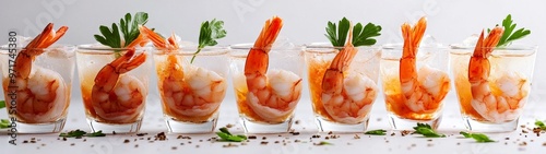 Shrimp Cocktail Elegance, a visually striking arrangement of shrimp cocktails in elegant glasses on a pristine white background, showcasing vibrant colors and appetizing presentation.