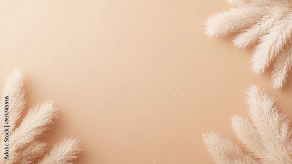 A beautiful collection of pampas grass in neutral tones is displayed gracefully against a soft beige wall, enhancing the calm ambiance of the space A beautiful collection of pampas grass in neutral tones is displayed gracefully against a soft beige wall, enhancing the calm ambiance of the space