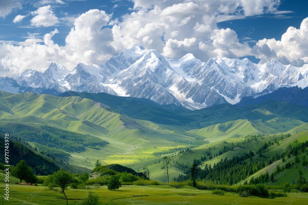 Obraz premium A breathtaking panorama of snow-capped peaks towering above a vast expanse of green valleys and forests