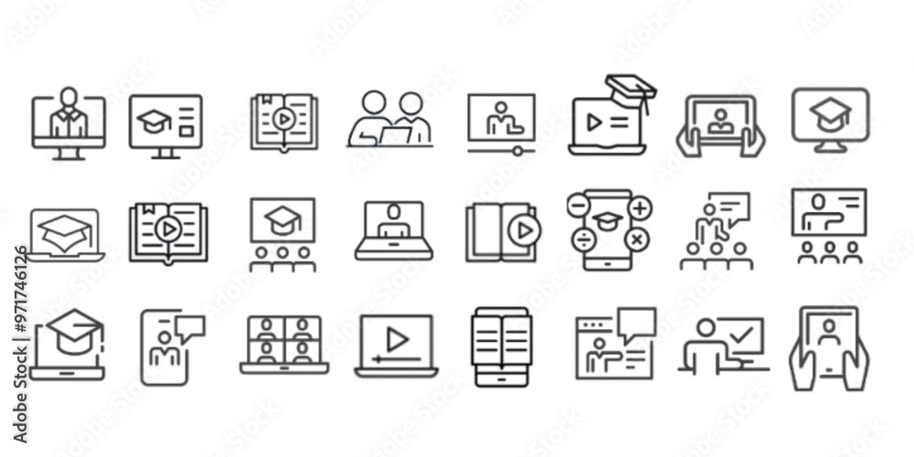 Online course icon collection set. Containing online, course, learning, education, machine learning, presentation, class icon Online course icon collection set. Containing online, course, learning, education, machine learning, presentation, class icon