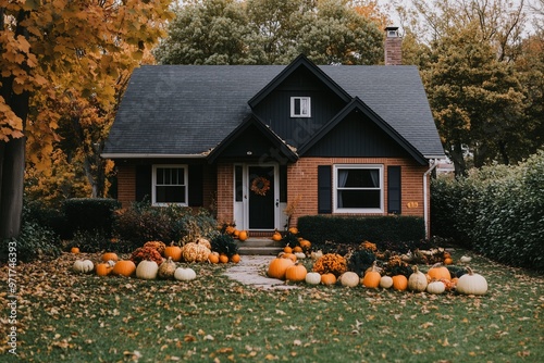  A cozy house , surrounded by pumpkins and gourds in the front yard, fall aesthetic banner. Autumn sesonal and halloween concept