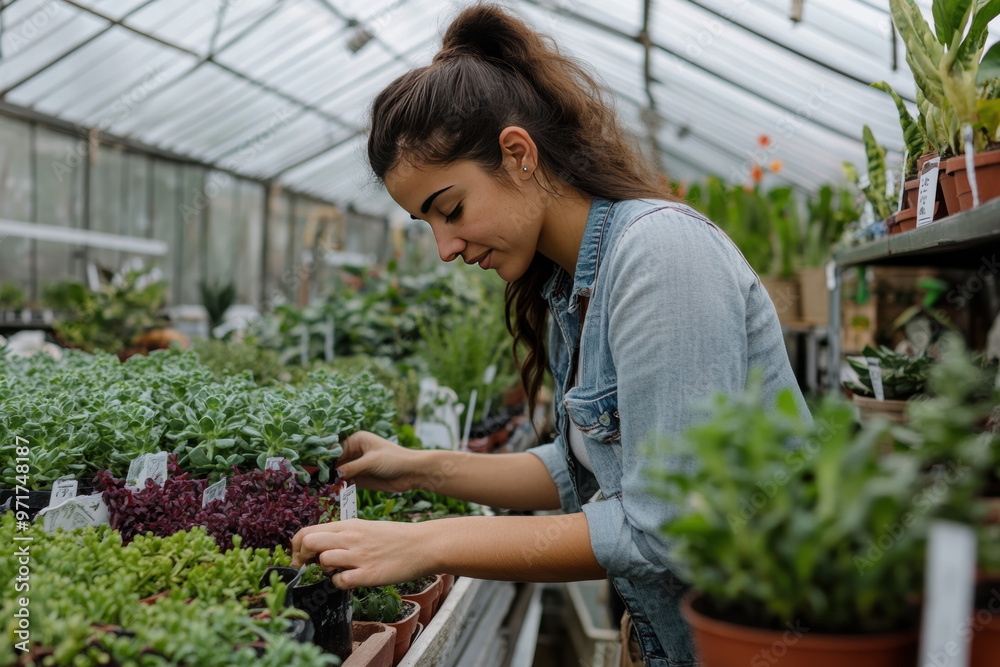 An image of a woman working in a greenhouse. She is focused on the plants, adjusting or inspecting them, surrounded by various potted greens. An image of a woman working in a greenhouse. She is focused on the plants, adjusting or inspecting them, surrounded by various potted greens.
