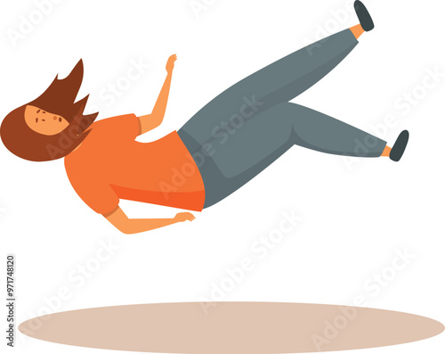 Cartoon illustration of a young woman falling down against a white background
