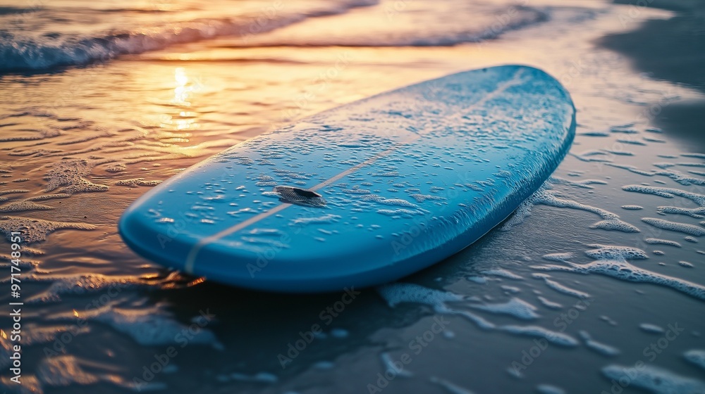 blue surfboard on the ocean shore blue surfboard on the ocean shore