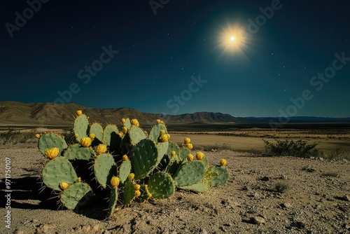 Cacti in bloom under a brilliant desert moon photo