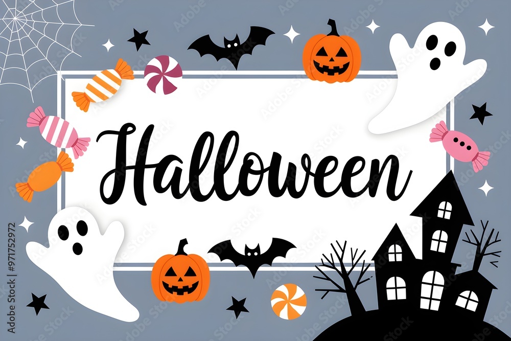 Halloween theme with ghosts, spider webs, and haunted house in celebratory design Halloween theme with ghosts, spider webs, and haunted house in celebratory design