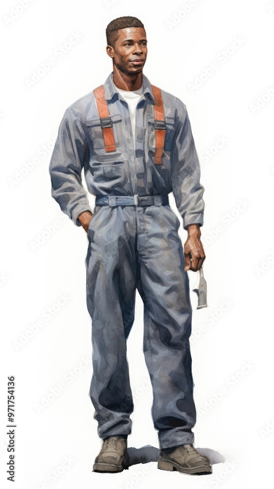 Man in overalls holding tool Man in overalls holding tool