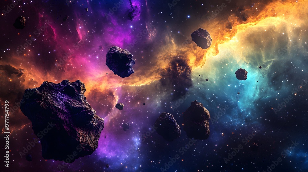 Asteroid Cluster and Nebula: A cluster of asteroids drifting through a colorful nebula, with the vibrant gas clouds providing a stunning backdrop. Asteroid Cluster and Nebula: A cluster of asteroids drifting through a colorful nebula, with the vibrant gas clouds providing a stunning backdrop.