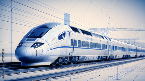 High Speed Train illustration in motion City Transport Subway Metro Vehicle Modern Infrastructure Blueprint Wireframe Aesthetic illustration white background