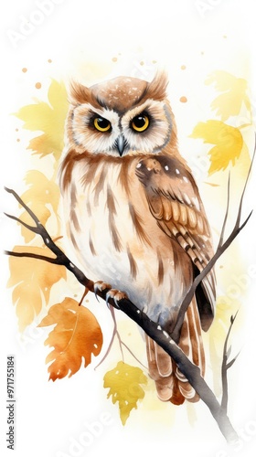 A watercolor owl perched on a branch