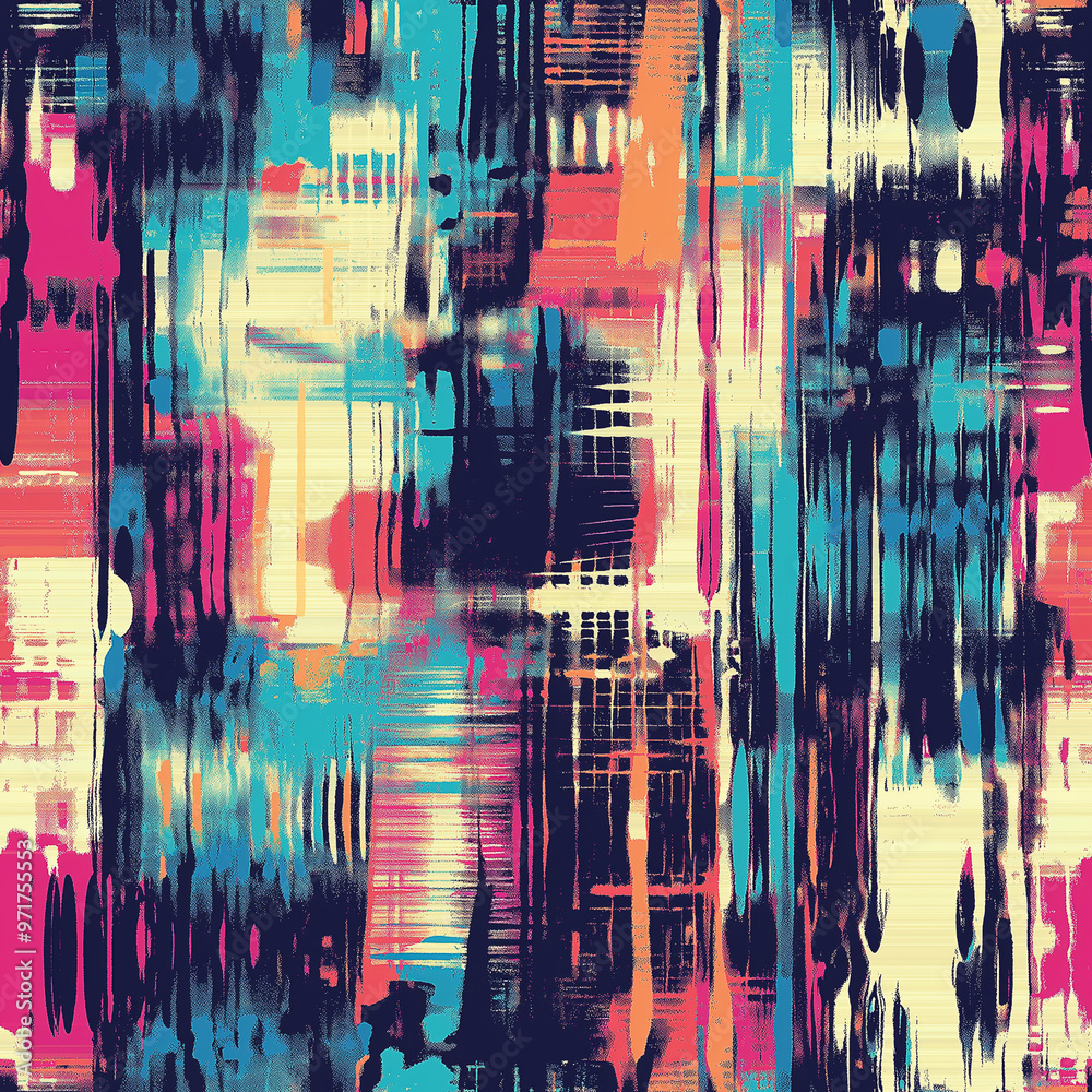 Obraz premium Digital glitch style seamless pattern, bold bright colors with black and pink. Tech style