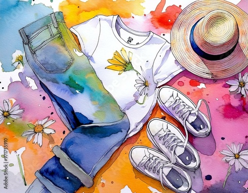 watercolor painted clotches, hat and sneakers photo