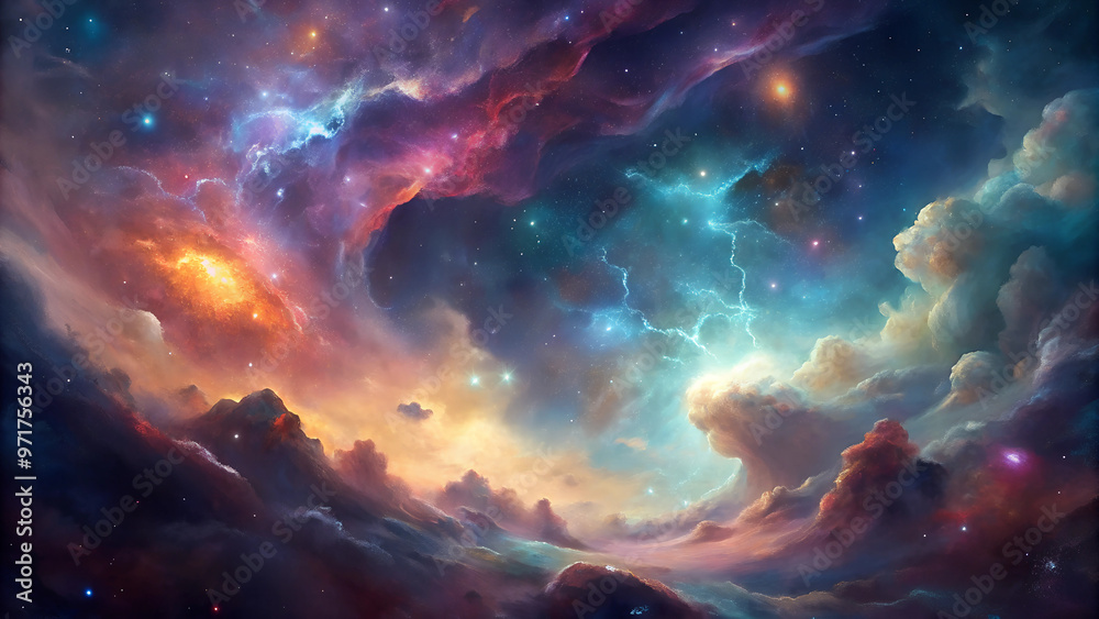 Cosmic Nebula Explosion with Colorful Stars and Clouds Cosmic Nebula Explosion with Colorful Stars and Clouds