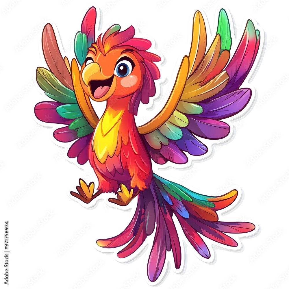 Obraz premium Colorful Cartoon Parrot in Vibrant Tropical Plumage Taking Flight
