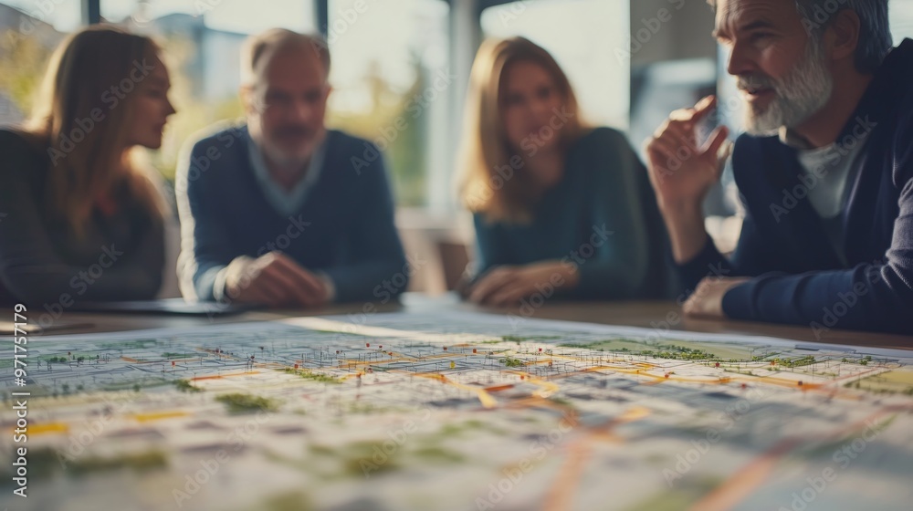 Fototapeta premium A group of real estate investors gathers in a well-lit conference room, actively discussing property strategies and examining a detailed map spread across the table