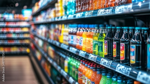 Rows of cold beverages are displayed in an organized manner within a refrigerated section of a grocery store, inviting shoppers to explore the assortment on offer