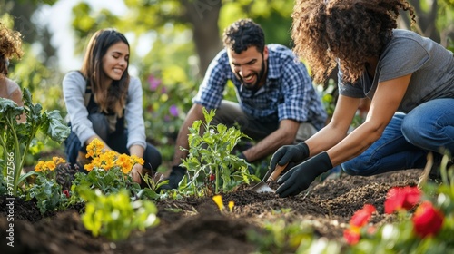 Community Volunteers Planting a Lush Garden Together, Symbolizing Unity and Sustainability