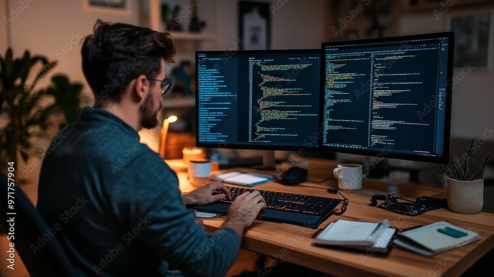 A skilled programmer sits at a stylish wooden desk, intensely focused on writing code on dual monitors while surrounded by a contemporary workspace in the evening A skilled programmer sits at a stylish wooden desk, intensely focused on writing code on dual monitors while surrounded by a contemporary workspace in the evening