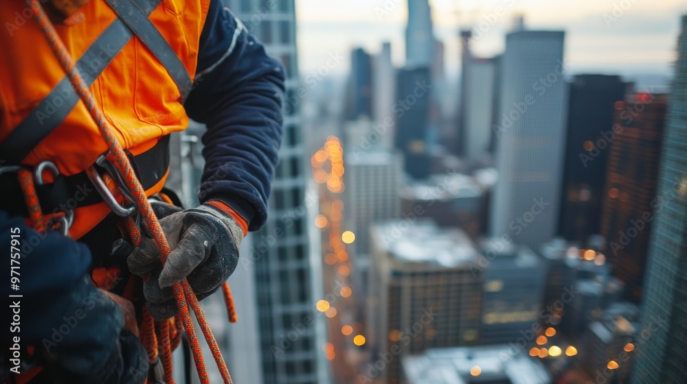 A construction worker in a bright orange safety vest is tightly gripping a rope while overlooking a busy urban skyline during dusk, highlighting their crucial safety gear A construction worker in a bright orange safety vest is tightly gripping a rope while overlooking a busy urban skyline during dusk, highlighting their crucial safety gear