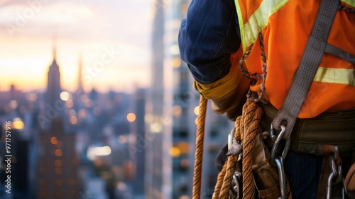 A construction worker wearing a bright orange safety vest is gripping a rope tightly, overlooking a sprawling city skyline during sunset, showcasing urban construction work