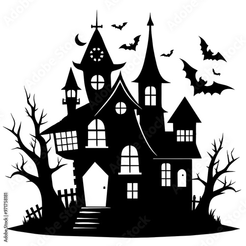 Wallpaper Mural A collection of black silhouettes featuring haunted Halloween houses bats flying and barren trees captures the essence of an eerie Halloween night Torontodigital.ca