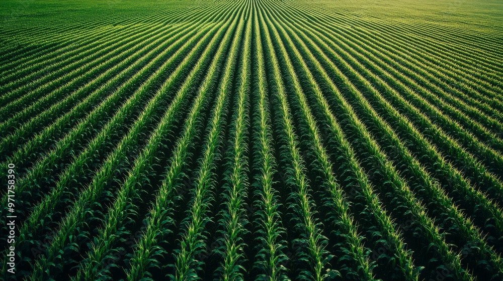 This wide aerial perspective reveals a lush cornfield with evenly spaced rows of tall maize plants thriving in bright sunlight on a clear day