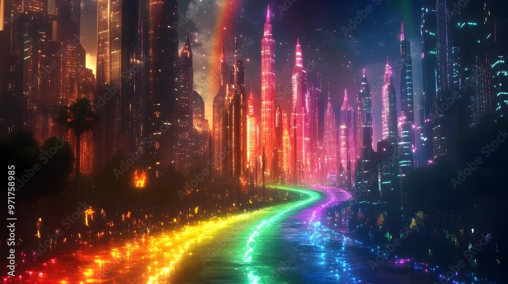 Captivating Futuristic Cityscape with Vibrant Neon Lights and Skyscrapers