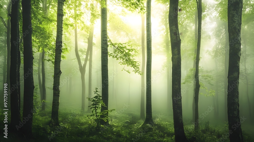 Fototapeta premium Enchanting Misty Forest with Lush Foliage and Tranquil Atmosphere