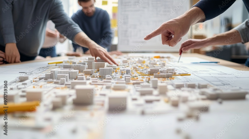 A group of architects engages in a focused discussion around a large table, analyzing a detailed architectural model and collaborating on design ideas and strategies A group of architects engages in a focused discussion around a large table, analyzing a detailed architectural model and collaborating on design ideas and strategies