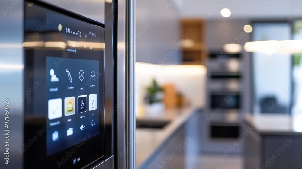 The modern kitchen showcases sleek design elements, including a smart refrigerator and oven, emphasizing functionality and aesthetic appeal in a cozy environment The modern kitchen showcases sleek design elements, including a smart refrigerator and oven, emphasizing functionality and aesthetic appeal in a cozy environment