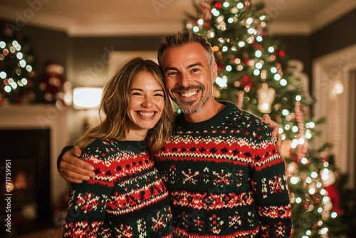 Happy Couple Celebrating Christmas in Matching Sweaters with Festive Tree Background