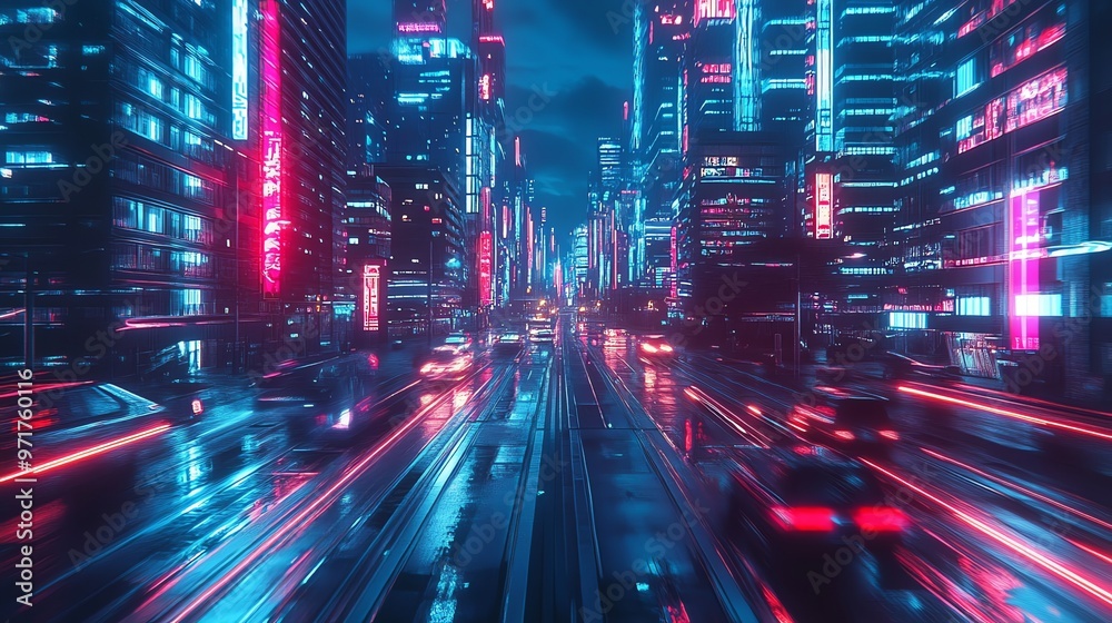 Fototapeta premium A futuristic city street at night with neon lights and speeding cars.