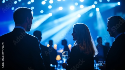 Attendees engage in lively conversations and enjoy cocktails at an elegant award ceremony, immersed in a vibrant atmosphere filled with colorful lights photo