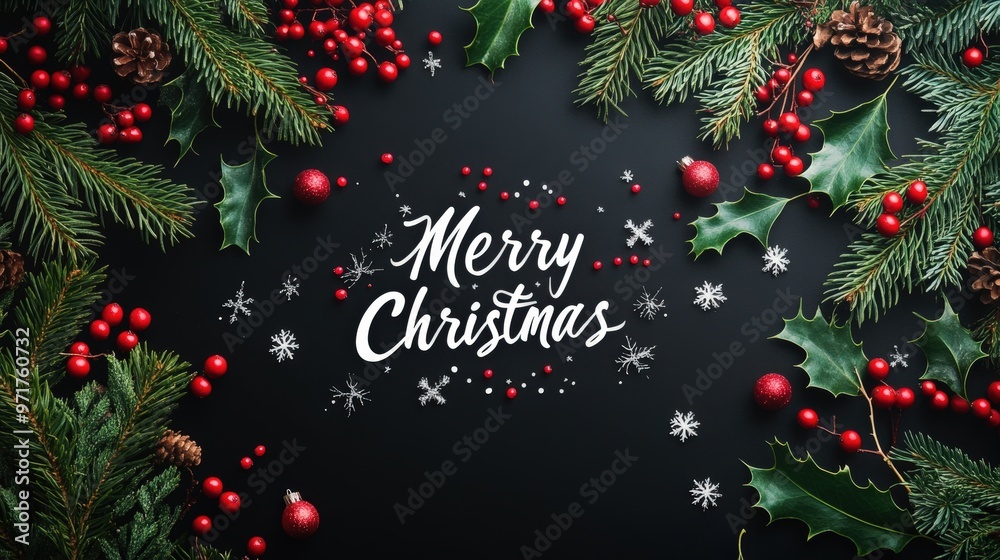 Merry Christmas Text with Red and Green Foliage on Black Merry Christmas Text with Red and Green Foliage on Black