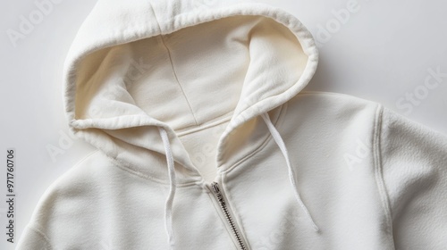 A light-colored full-zip hoodie sweatshirt is laid flat on a clean white surface, highlighting its smooth fabric and detailed stitching, perfect for promotional displays