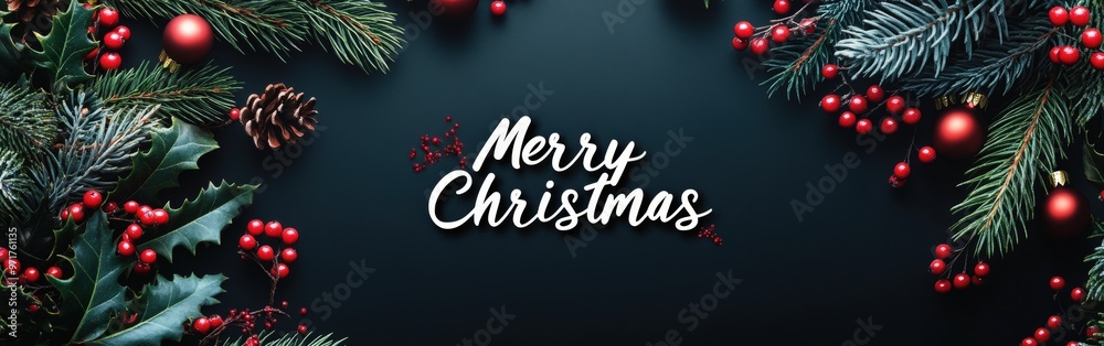 Merry Christmas Text with Red and Green Foliage on Black