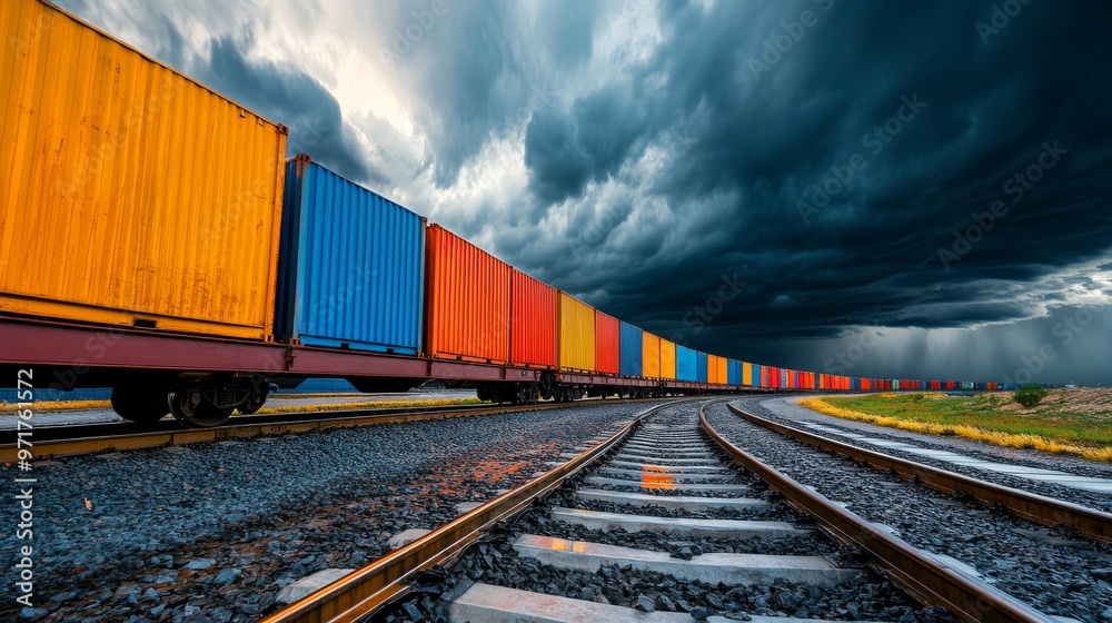 A commercial freight train moves swiftly, carrying a mix of brightly colored shipping containers along winding railway tracks as dark clouds gather overhead A commercial freight train moves swiftly, carrying a mix of brightly colored shipping containers along winding railway tracks as dark clouds gather overhead