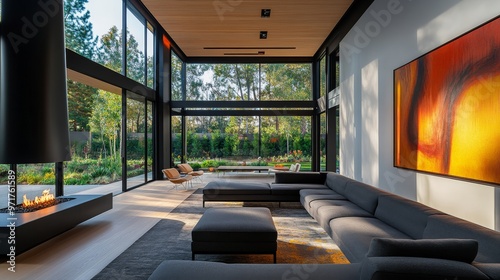 This ultramodern living room showcases minimalist furniture, a suspended fireplace, and vibrant abstract art, all illuminated by natural light and surrounded by lush greenery