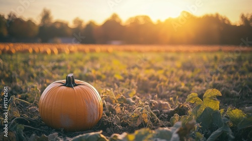 Rows of pumpkins stretch into the distance, bathed in warm light as the sun sets over a rural pumpkin field, creating a serene autumn atmosphere photo