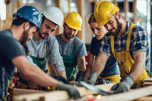 Group of Diverse Volunteers Collaborating on Construction Project with Helmets and Tools for Community Service photo