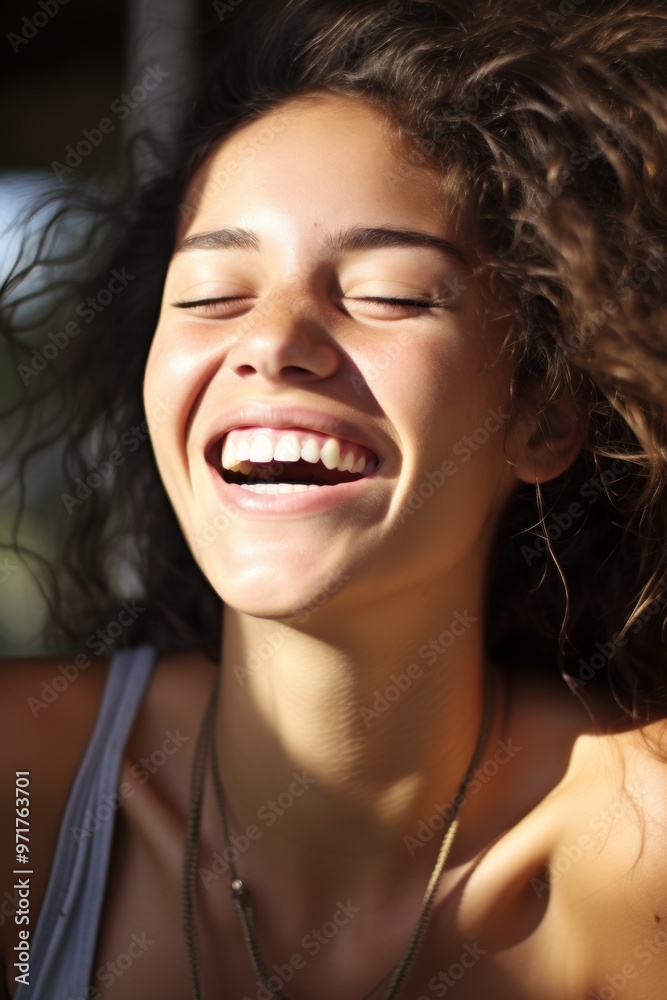 Close-up portrait of a girl against the wall, laughing with her head thrown back, happy. Generative AI. Close-up portrait of a girl against the wall, laughing with her head thrown back, happy. Generative AI.