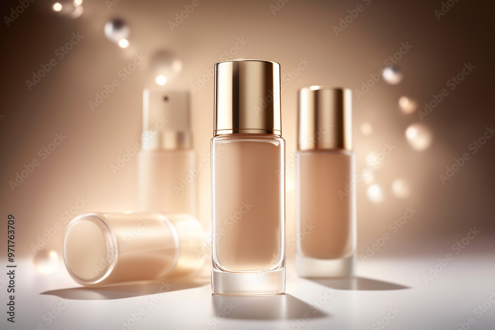 Bottles of makeup foundation and samples on beige background. Cosmetic product presentation. Luxury flying liquid in motion. Feminine copy space, nude, brown template Bottles of makeup foundation and samples on beige background. Cosmetic product presentation. Luxury flying liquid in motion. Feminine copy space, nude, brown template